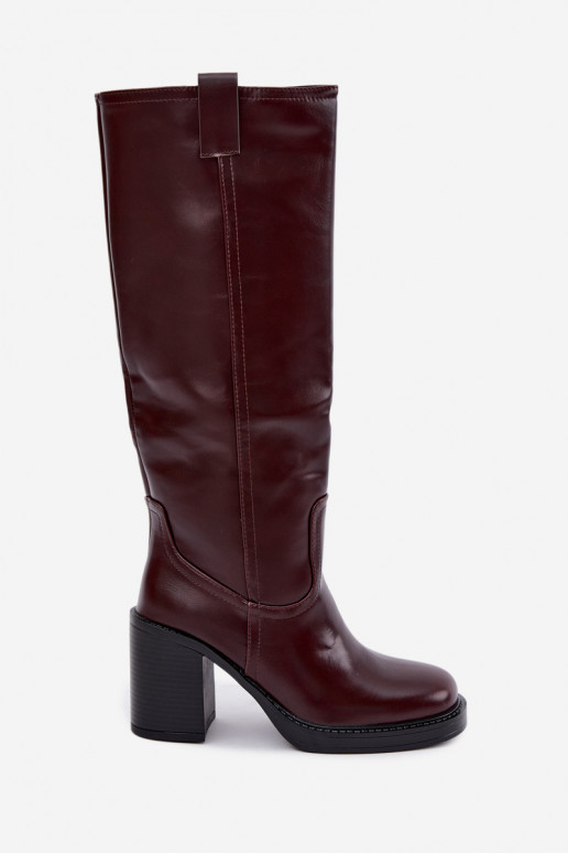 warm women's knee-high boots with heels in burgundy color Feresa