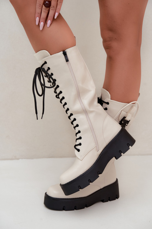pašiltinti su raišteliais moteriški ilgaauliai batai su platforma smėlio spalvos Galvia