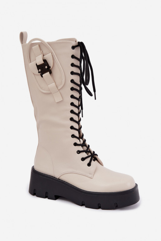 warm women's knee-high boots with laces and platform in sand color Galvia