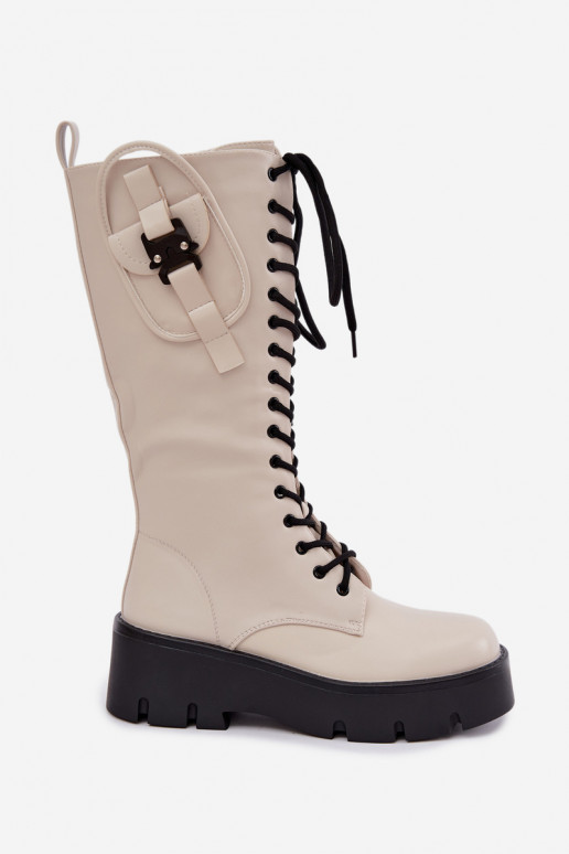 warm women's knee-high boots with laces and platform in sand color Galvia