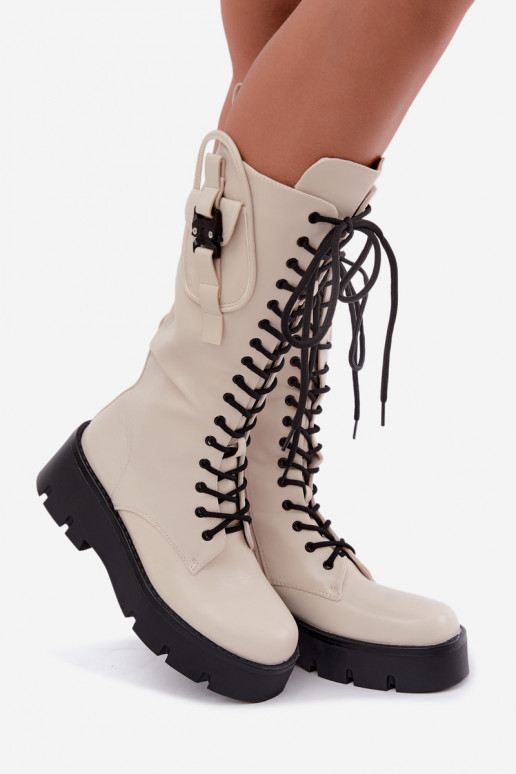 warm women's knee-high boots with laces and platform in sand color Galvia