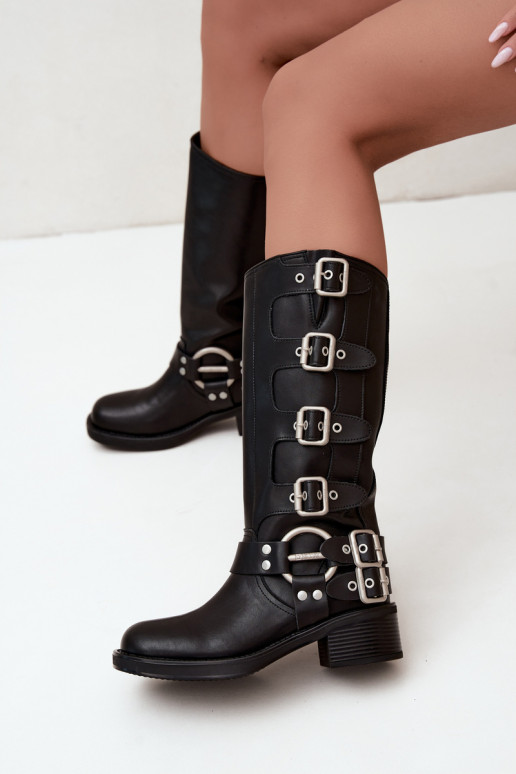Big Star black low-heeled leather long boots with buckles
