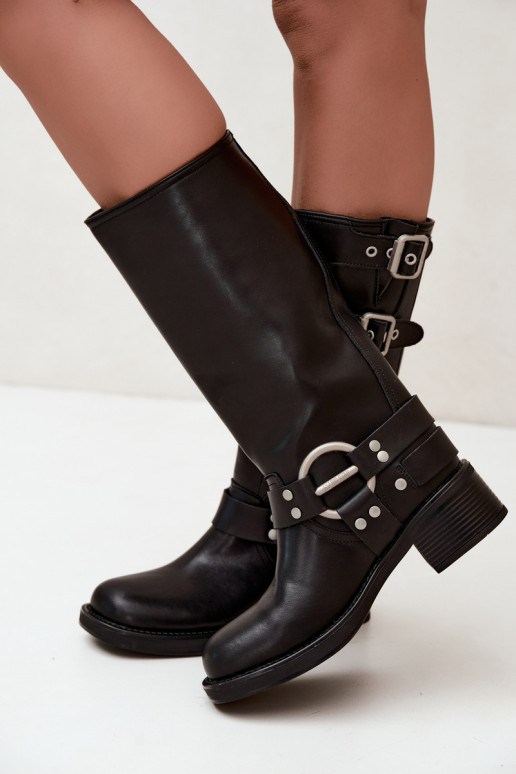 Big Star black low-heeled leather long boots with buckles