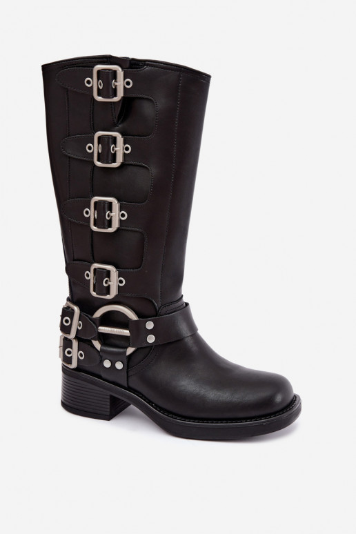 Big Star black low-heeled leather long boots with buckles
