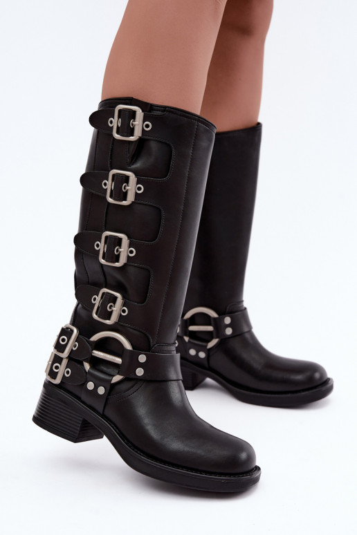 Big Star black low-heeled leather long boots with buckles