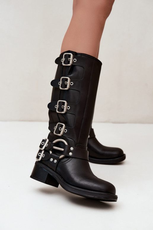 Big Star black low-heeled leather long boots with buckles