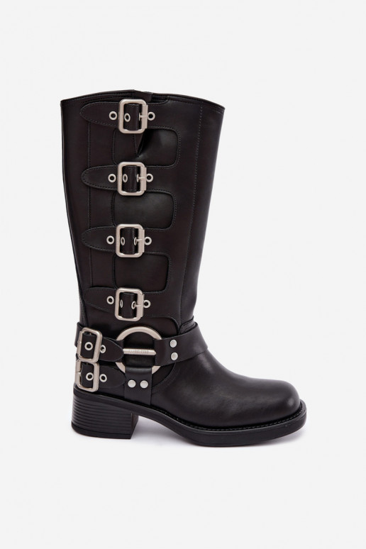 Big Star black low-heeled leather long boots with buckles