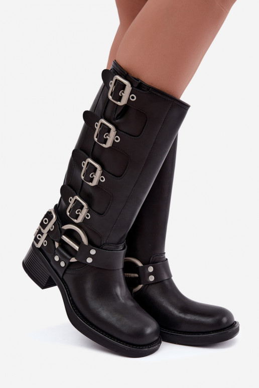 Big Star black low-heeled leather long boots with buckles