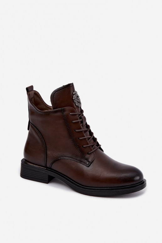 Leonise chocolate brown ankle boots with wide heels and ornaments