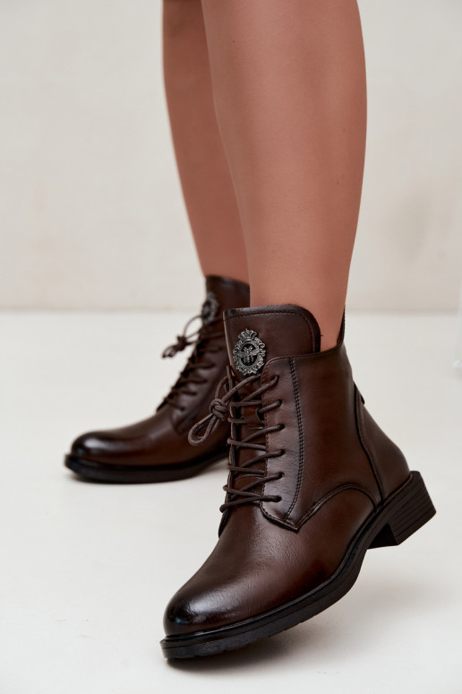 Leonise chocolate brown ankle boots with wide heels and ornaments
