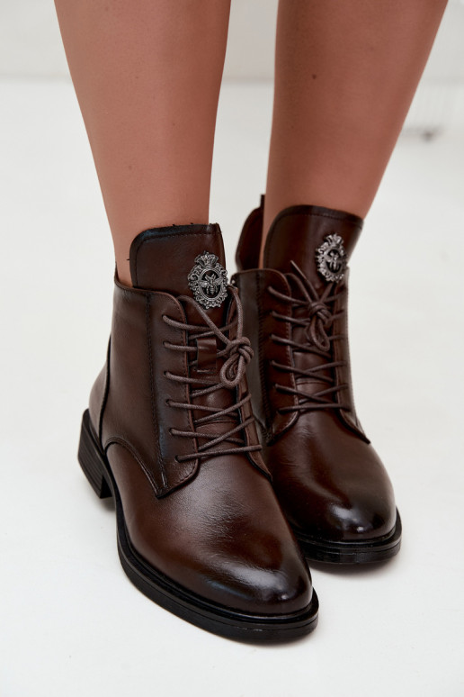Leonise chocolate brown ankle boots with wide heels and ornaments