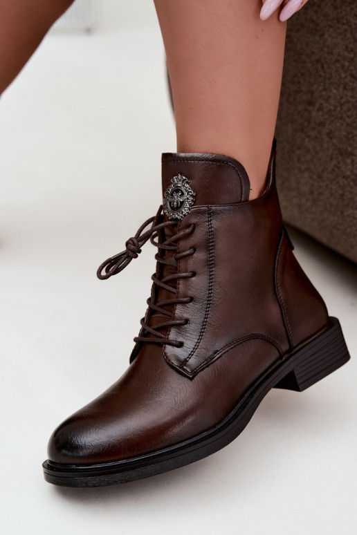 Leonise chocolate brown ankle boots with wide heels and ornaments