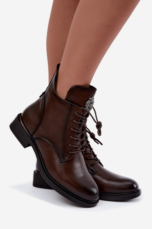 Leonise chocolate brown ankle boots with wide heels and ornaments