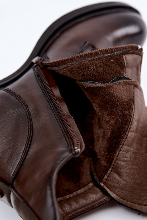 Leonise chocolate brown ankle boots with wide heels and ornaments
