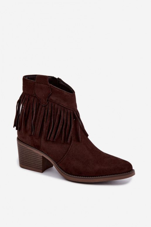 Elisya chocolate brown cowboy-style ankle boots with fringes