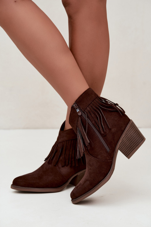 Elisya chocolate brown cowboy-style ankle boots with fringes