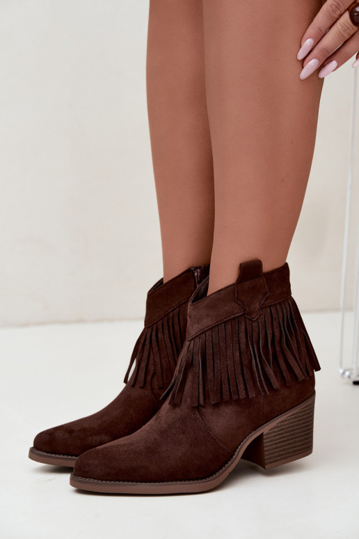 Elisya chocolate brown cowboy-style ankle boots with fringes