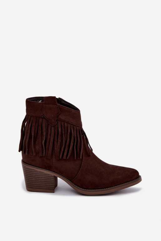 Elisya chocolate brown cowboy-style ankle boots with fringes
