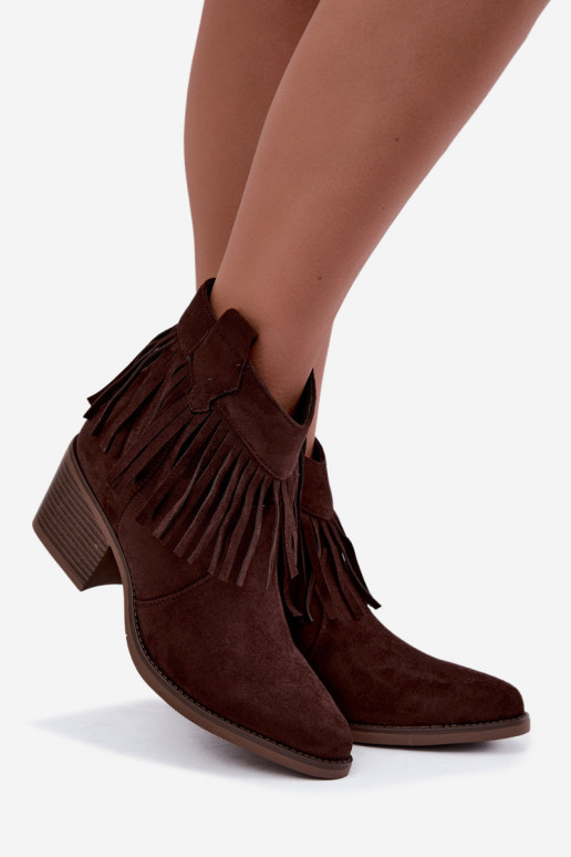 Elisya chocolate brown cowboy-style ankle boots with fringes