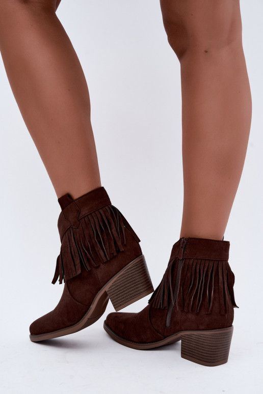 Elisya chocolate brown cowboy-style ankle boots with fringes