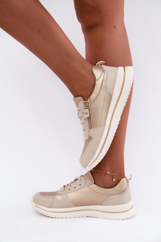 Women's Leather Sneakers With Decorative Zipper Gold-Beige Oselia