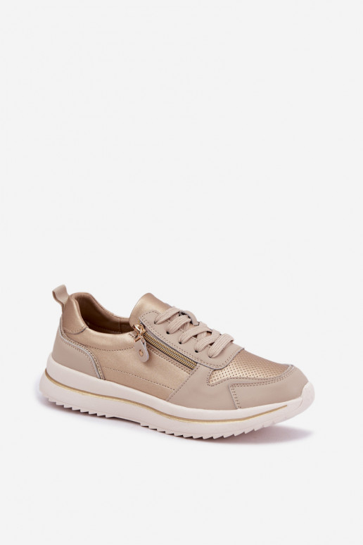Women's Leather Sneakers With Decorative Zipper Gold-Beige Oselia