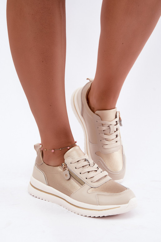 Women's Leather Sneakers With Decorative Zipper Gold-Beige Oselia