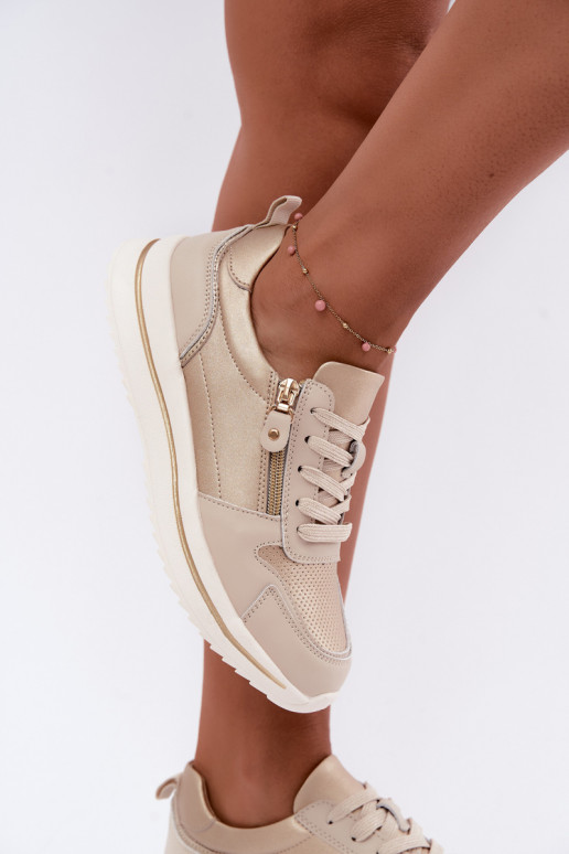 Women's Leather Sneakers With Decorative Zipper Gold-Beige Oselia