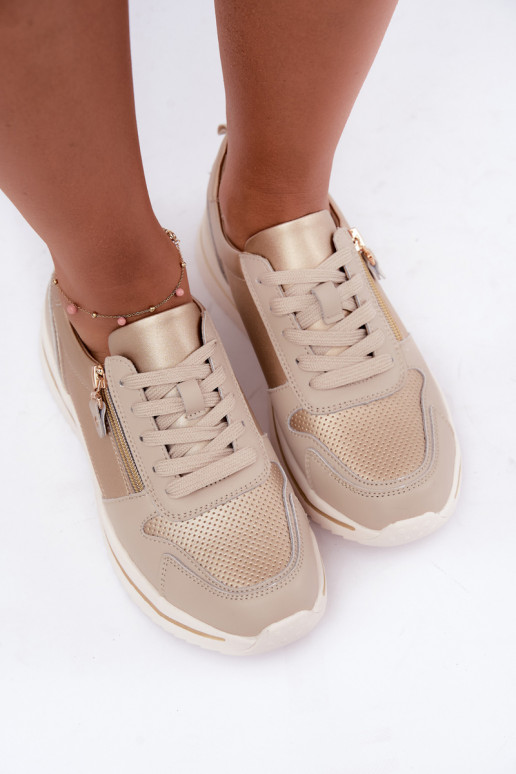 Women's Leather Sneakers With Decorative Zipper Gold-Beige Oselia