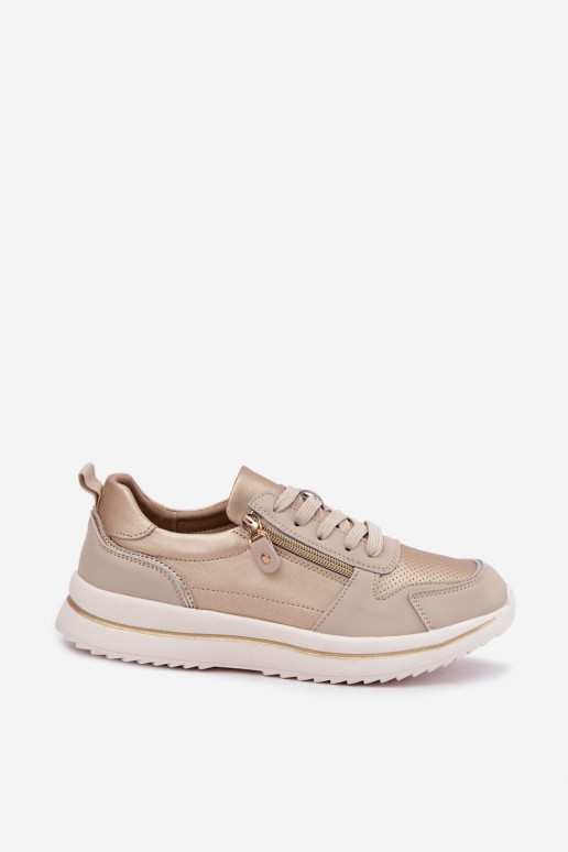 Women's Leather Sneakers With Decorative Zipper Gold-Beige Oselia