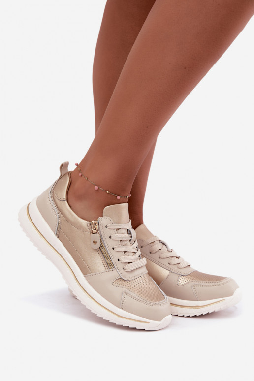Women's Leather Sneakers With Decorative Zipper Gold-Beige Oselia