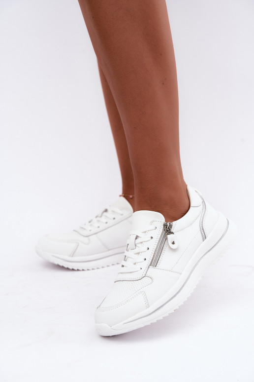 Women's Leather Sneakers With Decorative Zipper White Oselia
