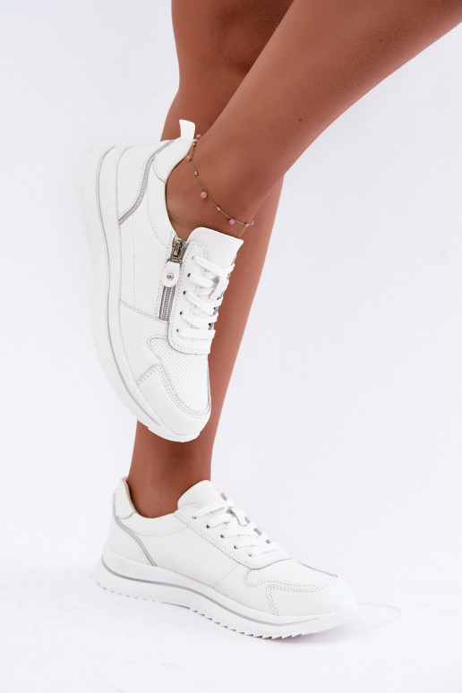 Women's Leather Sneakers With Decorative Zipper White Oselia
