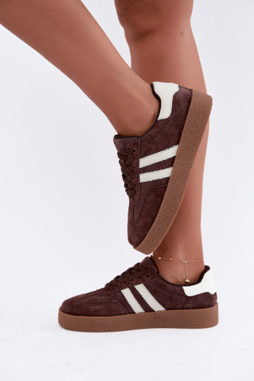 Women's Chocolate Brown Natural Suede Sneakers With White Straps Bellmont 2