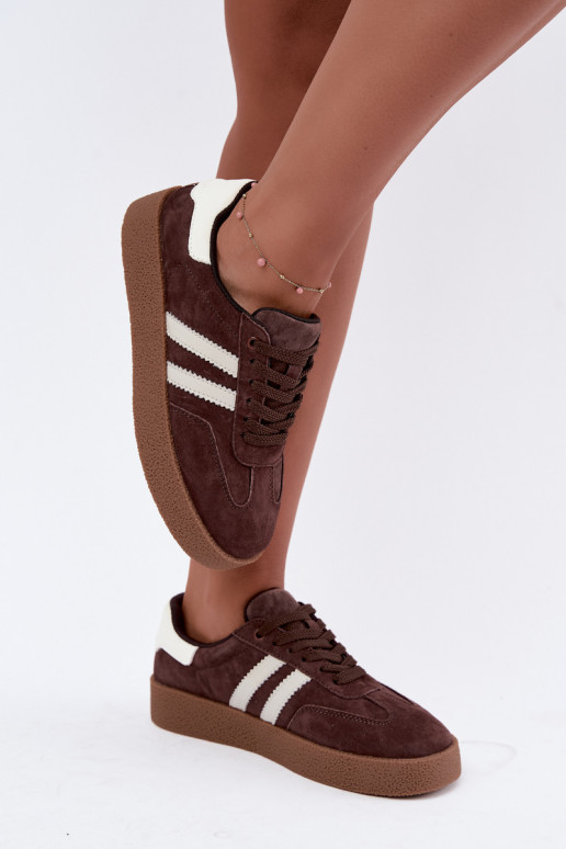 Women's Chocolate Brown Natural Suede Sneakers With White Straps Bellmont