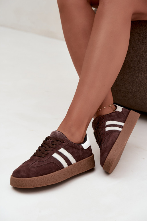 Women's Chocolate Brown Natural Suede Sneakers With White Straps Bellmont