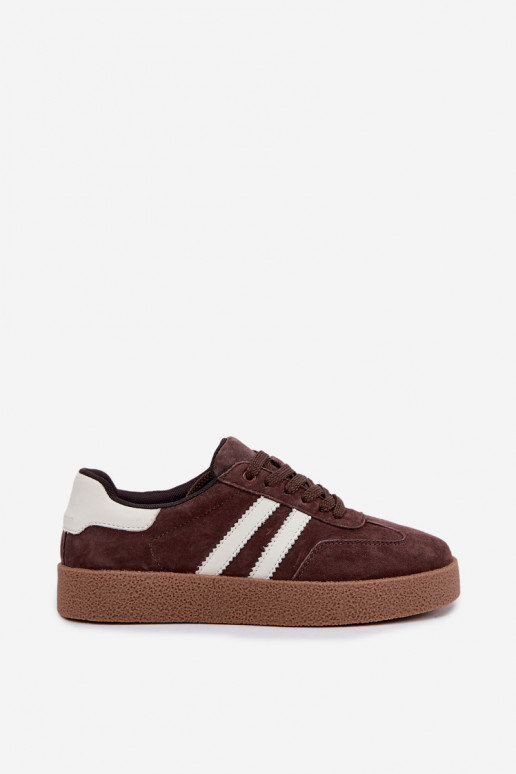 Women's Chocolate Brown Natural Suede Sneakers With White Straps Bellmont