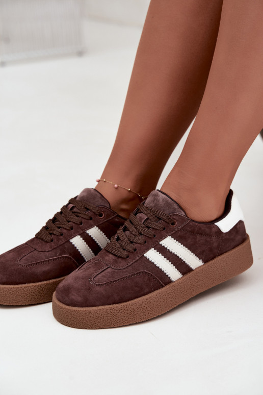 Women's Chocolate Brown Natural Suede Sneakers With White Straps Bellmont