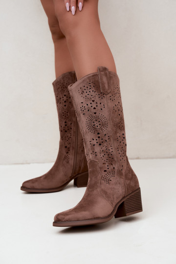 Garena brown cowboy-style long boots with cutouts 2