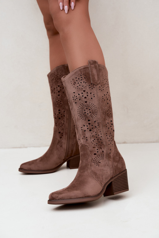 Garena brown cowboy-style long boots with cutouts