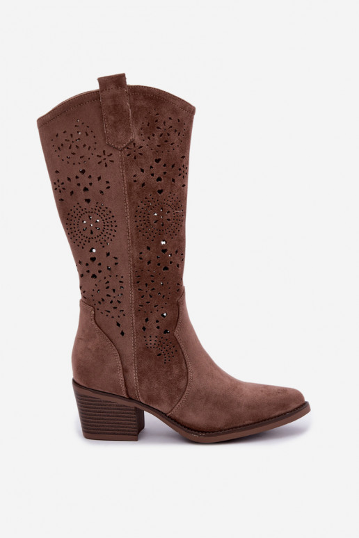 Garena brown cowboy-style long boots with cutouts