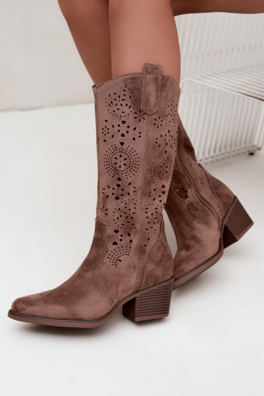 Garena brown cowboy-style long boots with cutouts
