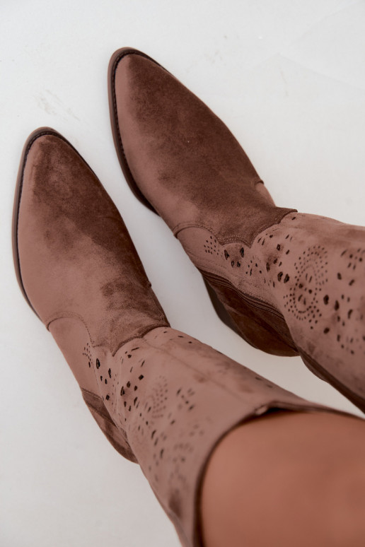 Garena brown cowboy-style long boots with cutouts