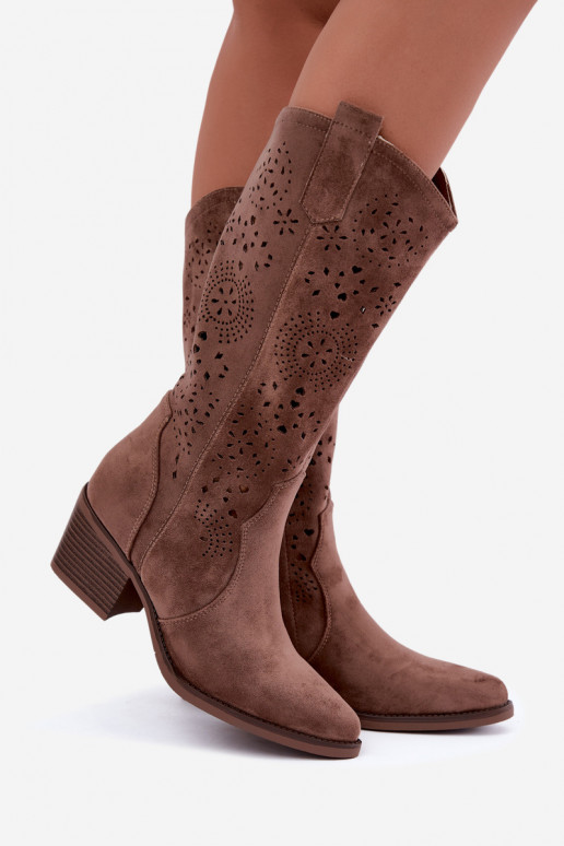 Garena brown cowboy-style long boots with cutouts