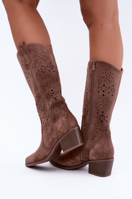Garena brown cowboy-style long boots with cutouts
