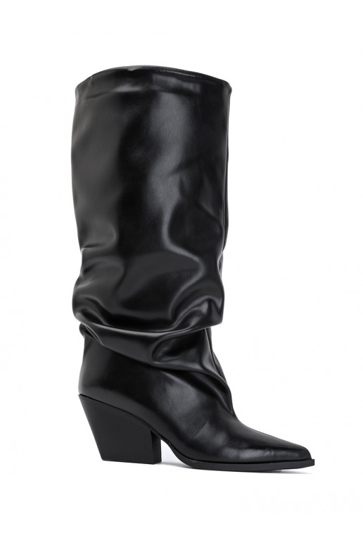 Women's knee-high boots with curved upper and heels in black color Durela