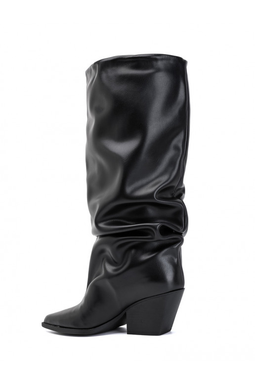 Women's knee-high boots with curved upper and heels in black color Durela