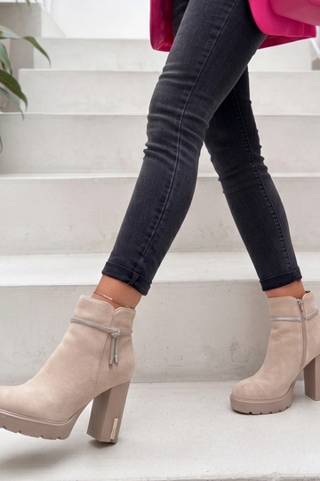 Beige suede ankle boots on a block heel adorned with rhinestones Ademe 2