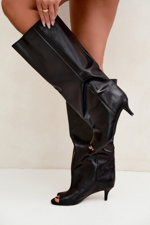 Knee-high boots with open toes on a slim heel in black faux leather Velise
