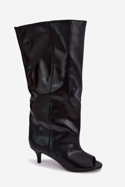 Knee-high boots with open toes on a slim heel in black faux leather Velise